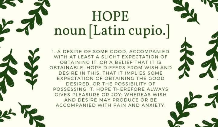 Definition of Hope: A desire of some good accompanied with at least a slight expectation of obtaining it or a belief that it is obtainable.